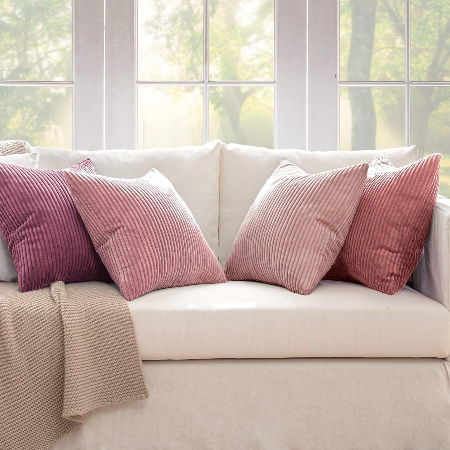 MIULEE Pack of 4 Purple Pink Corduroy Decorative Throw Pillow Covers 18x18 Inch Soft Boho Striped Pillow Covers Modern Farmhouse Home Decor for Winter Sofa Living Room Couch Bed