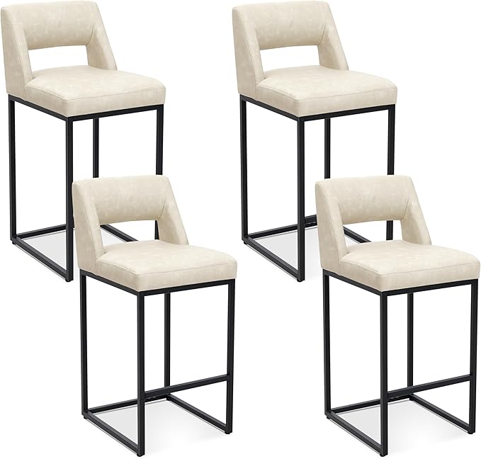 Counter Height Bar Stools Set of 4 for Kitchen Counter Modern Bar Chairs with Backs 26 Inch for Kitchen Island with Upholstered Faux Leather Seat and Metal Frame, Beige