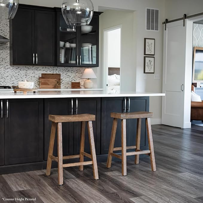 Maven Lane Kitchen Bar Stool, Modern Farmhouse Wood Stool, Kitchen Island Chairs, Pub Bar Height Stools for Kitchen, Wide Comfortable Seat Backless Bar Stools, Vincent 31", Antiqued Natural, Set of 3