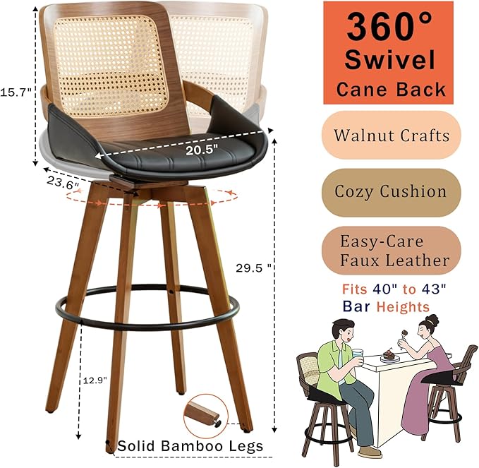 Bar Height Bar Stools Set of 2 - 29.5 inch Mid Century Modern Bar Stools with Cane Back, Curved Arms, Faux Leather Upholstered Seat, Rattan BarStools for Island/Pub/Kitchen (30" Seat Height, Black)