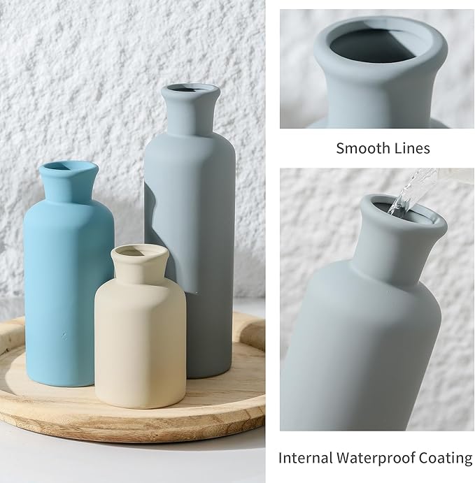 Ceramic Vase Set of 3, Neutral Modern Vases Home Decor Boho Vase Farmhouse Decor Flowers Pampas Vases for Table Mantel Entryway Shelf Living Room Kitchen Bathroom - Blue