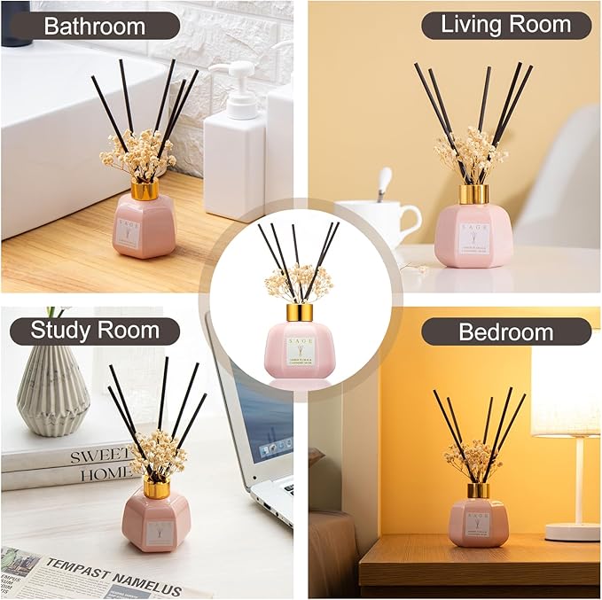 SAGE Hotel Reed Diffuser - Inspired Shangri-La Room Scent | 3.4oz Lavender & Cashmere Musk Scent Diffusers for Home | Preserved Flower & Oil Diffuser Sticks | Nightstand or Bathroom Decor for Shelves