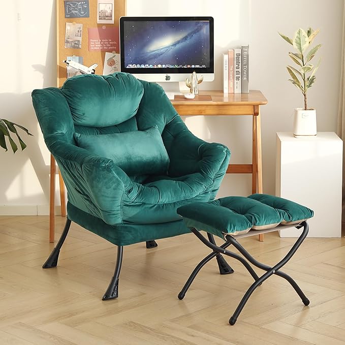 Lazy Chair with Ottoman, Modern Accent Chair with Lumbar Pillow, Comfy Chairs with Folding Footrest for Bedroom, Reading, Oversized Supportive Lounge Chairs(Velvet Dark Green)
