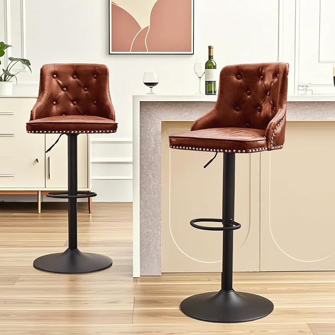 Modern Counter Stools Set of 2, Swivel Counter Height Bar Stools with Back and Armrests, 25'' to 33'' Adjustable Height PU Leather Bar Chairs with Rivets for Kitchen Island, Reddish Brown