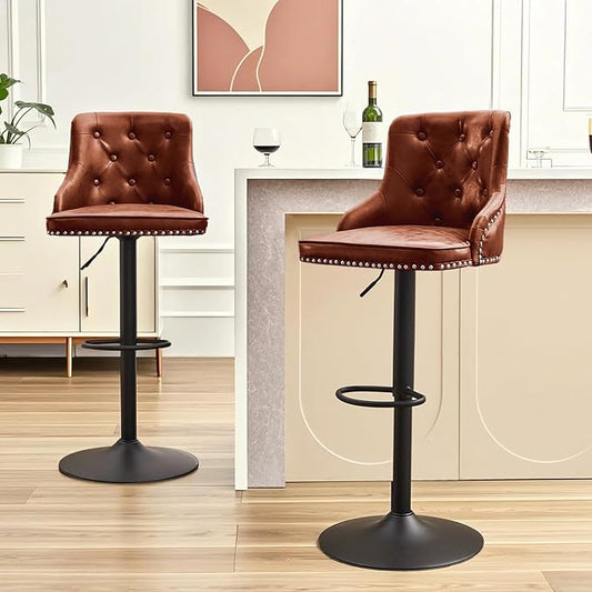 Modern Counter Stools Set of 2, Swivel Counter Height Bar Stools with Back and Armrests, 25'' to 33'' Adjustable Height PU Leather Bar Chairs with Rivets for Kitchen Island, Reddish Brown