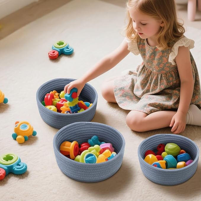 Small Shelf Storage Baskets for Organizing, 6 Pack Round Cotton Rope Bins, Decorative and Cute Woven Baskets for Bedroom and Closet, Key Tray Bowl, Home Decor Countertop Organizer (Blue)