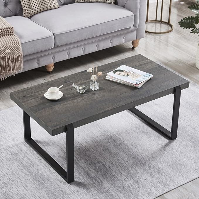 EXCEFUR Modern Coffee Table, Rustic Wood and Metal Center Table, Rectangle Cocktail Tea Table for Living Room, Grey, 44 Inch