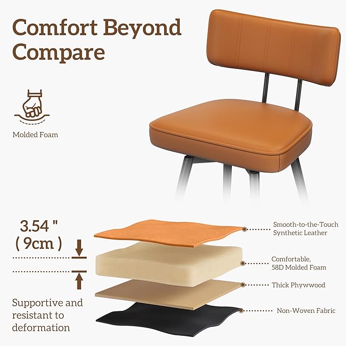 Swivel Counter Height Bar Stools Set of 2, 26" Leather Kitchen Swivel Counter Stools with Backs, Metal Legs and Footrest, Bar Chairs for Kitchen Island, Brown