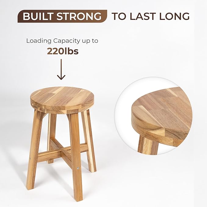 Round Stool Acacia Wood, 18" Height, 11'' Round Top, Backless, Easy Assembly, Natural Wax Finish, Wooden Stool for Plant, Dining Room, Kitchen Counter, Makeup