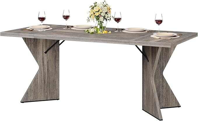 GarveeHome Dining Room Table 6, 71 Inch Rectangular Kitchen Table Dining Room Furniture with Sturdy Frame, Thickened Long Tabledesk and Dinner Desk for Party, Big Family, v-Cut Leg(Grey)