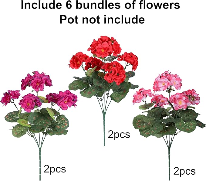Artificial Geraniums Fake Flowers for Outdoors Decoration, 6 Bundles Silk Geraniums Flower UV Resistant Look Real Faux Plants for Front Door Garden Porch Planter Patio Balcony Yard Indoor Home, Mix