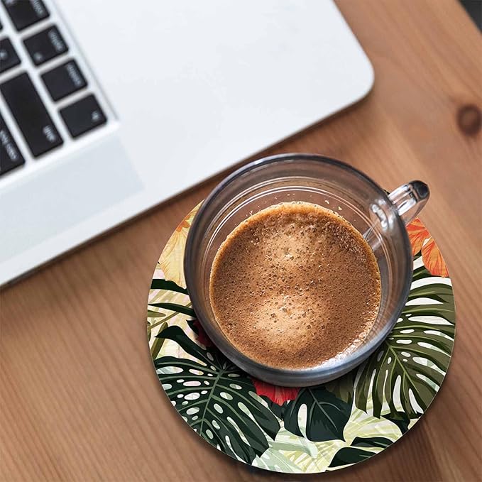 Tropical Plants Cup Coasters Set of 2 Leaf Hibiscus Flowers Foliage Palm Exotic Jungle Nature Botanical Wooden Table Apartment Decor 100% Diatomite for Drinking Glasses,4 Inches