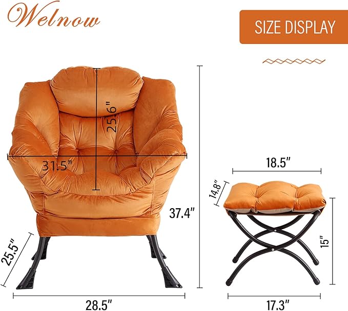 Welnow Lazy Chair with Ottoman, Modern Lounge Accent Chair with Armrests and a Side Pocket, Leisure Sofa Armchair, Reading Armchair with Footrest for Small Space, Corner Chair