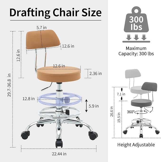 Ergonomic Desk Stool(Sturdy Rolling Stool with Back)(Swivel Armless Office Chair 19.5"-26.6") Adjustable Footrest Salon Chair (Camel Brown)