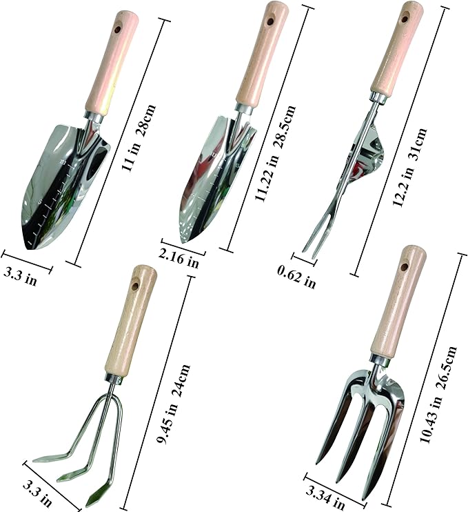 Garden Tools Set, 5 Piece Stainless Steel Hand Tool Kit with Ergonomic Wooden Handle, Heavy Duty Gardening Tools Include Hand Trowel, Transplant Trowel, Hand Rake, Hand Fork and Weeder
