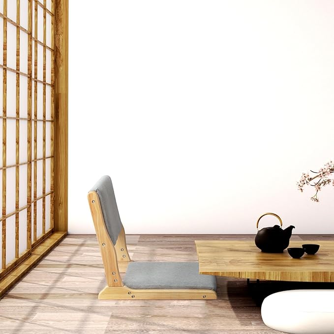 HollyHOME Foldable Japanese Style Floor Chair with Back Support, Wood Legless Tatami Chair with Cushion, Accent Meditation Seat for Bay Window, Living Room, Bedroom, Light Grey