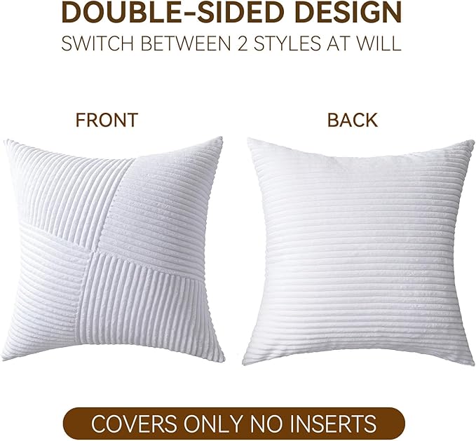 Decorative Throw Pillow Covers 20x20 Inch Set of 2 for Boho Living Room Farmhouse Home Decor, Spring Pillow Covers for Couch Bed, Soft Corduroy Striped Patchwork Cushion Cases, Pure White