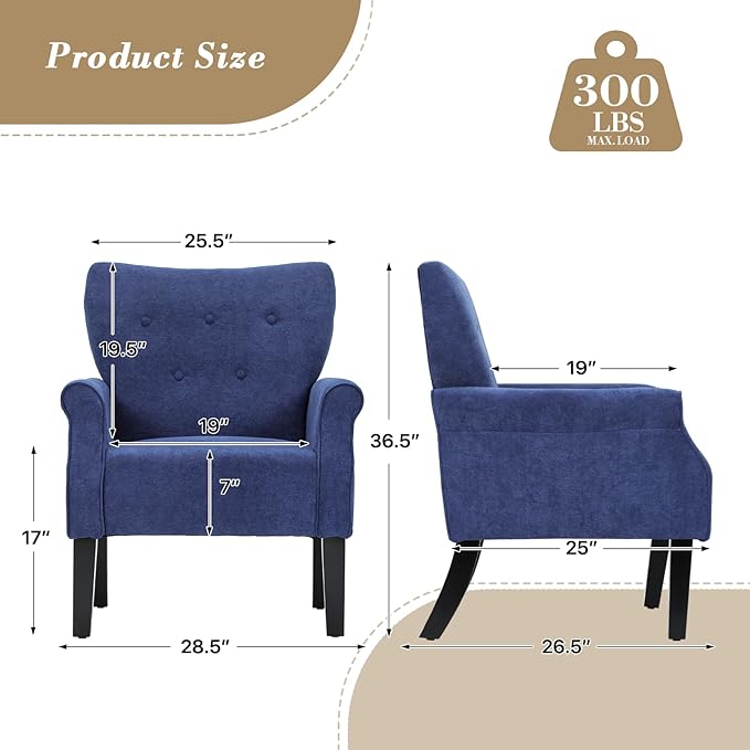 Athena Collection Mid Century Modern Chair for Living Room, Upholstered Wingback Reading Chair for Adults, Comfy Linen Fabric Armchair with Wooden Legs for Bedroom, Dorm, Balcony, Blue