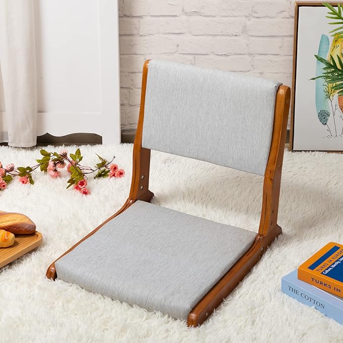 HollyHOME Floor Chair with Back Support, Foldable Japanese Style Floor Chair, Wood Legless Tatami Chair with Cushion, Accent Meditation Floor Seat for Bay Window, Living Room, Bedroom, Grey