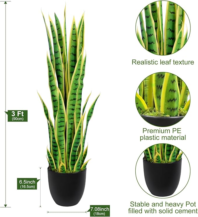 3ft Artificial Snake Plant – 36in Faux Sansevieria Plants, Fake Floor Plant for Indoor Outdoor, Front Porch Patio Home Office Decor, Mother-in-Law’s Tongue, Yellow 2Pcs