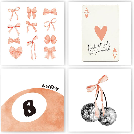 okaxscm Fall Orange Coquette Trendy Preppy Wall Art Prints Set of 4, Coquette Room Decor, Preppy Room Decor Aesthetic, Orange Bow Disco 8 Ball Cherry Wall Decor Posters for Girls Bedroom Dorm,10x10 Unframed