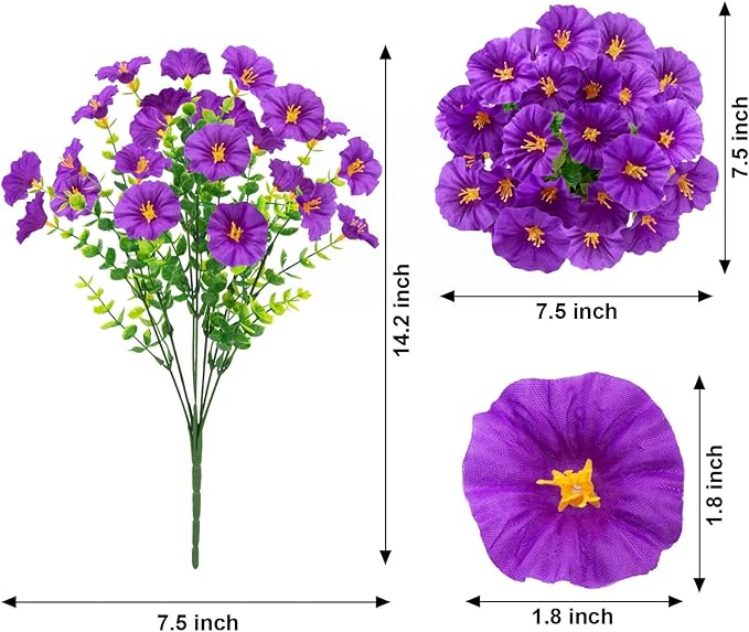 Ouddy Decor 24 Bundles Artificial Flowers for Outdoors Decoration Fake Silk Morning Glory Flowers Faux Eucalyptus Plants UV Resistant for Porch Patio Garden Spring Summer Home Decor, Purple