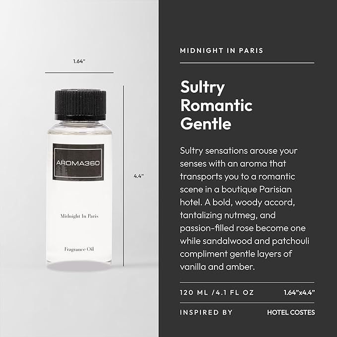 Aroma360 Diffuser Oil - Midnight in Paris - Aromatherapy Essential Fragrance Oil - Sandalwood, Warm Virginia Cedar & Beautiful Iris - 120ML 4.1 Fl oz