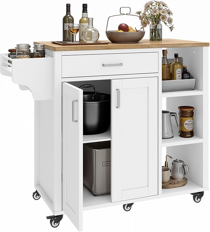 YITAHOME 37" Rolling Kitchen Island Cart with Storage, Butcher Block Island on Wheels, Mobile Kitchen Storage Carts with Shelves & Spice Rack, White