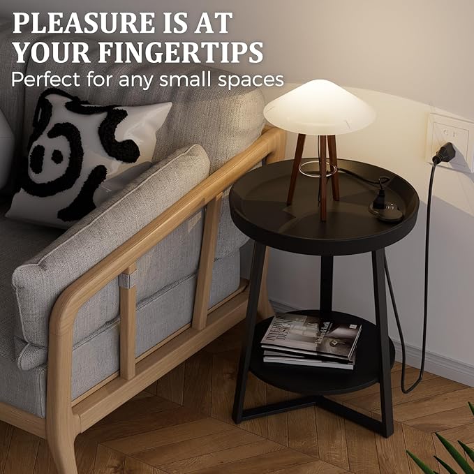 Gadroad Round End Table with Charging Station, USB Ports and Anti-Drop Fence, Wood Tabletop & Black Metal Frame, 2-Tier Side Table for Living Room, Bedroom, Black 15.7 * 15.7 * 23.0 inches