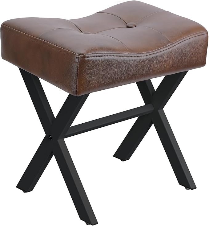 18-Inch Leather Vanity Stool Chair, Vanity Bench with Metal X-Leg, Ottoman Accent Stool with Thick Padded Saddle Seat, Dark Brown