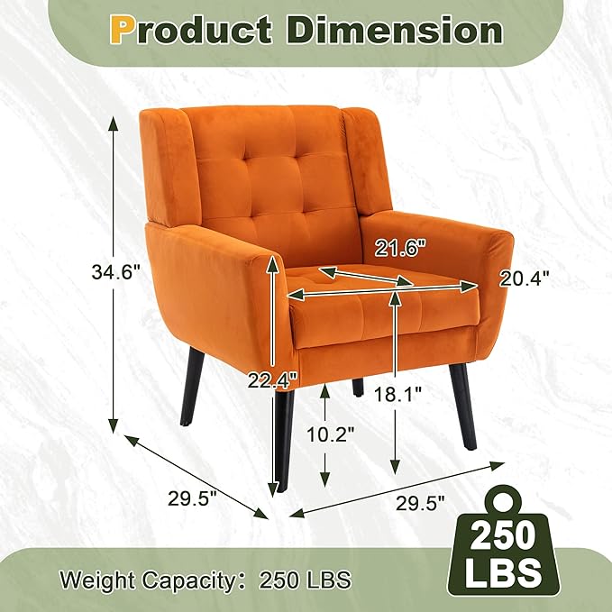 NicBex Accent Chair Set of 2, Modern Chair for Living Room Upholstered Foam Filled Living Room Chairs with Metal Legs Velvet Cozy Lounge Armchair for Living Room Bedroom,Orange
