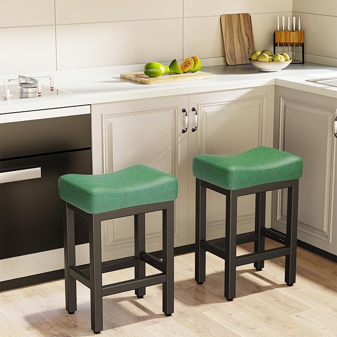 Counter Height Bar Stools Set of 3, 24 Inch Barstools for Kitchen Island Counter, Faux Leather Kitchen Stools with Saddle Seats & Metal Base, Easy Assembly, Forest Green