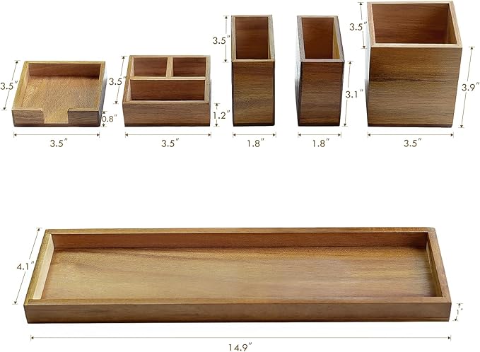 Wood Vanity Tray, 6-Piece Small Bathroom Counter Organizer Wooden Decorative Trays Rectangular Perfume Jewelry Makeup Cosmetic Holder Set - Holds Small Items