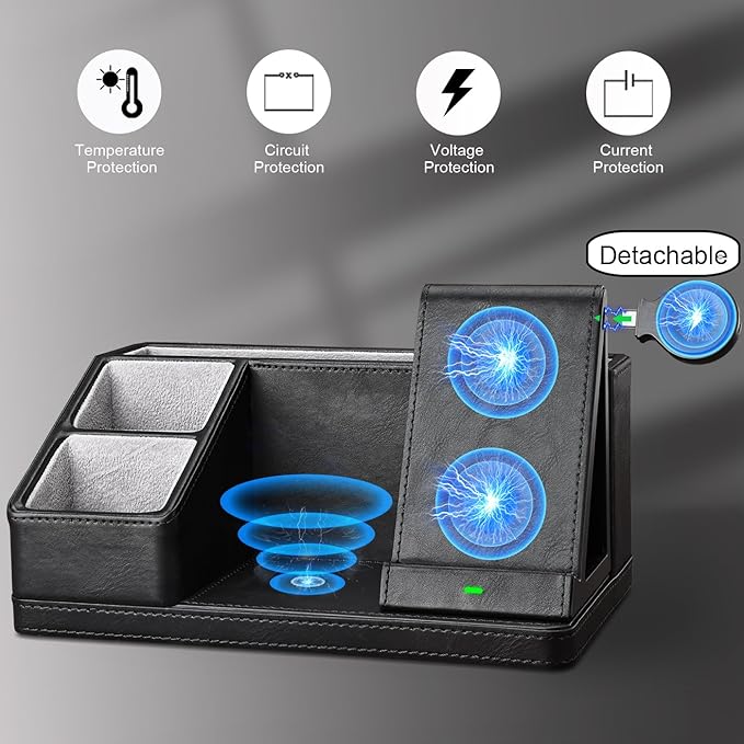 KINGFOM Leather Desk Organizer with Charging Station Multi-Functional Phone Pen Pencil Holder for Desk Desk Organizers and Accessories for Office Home Supplies (L)