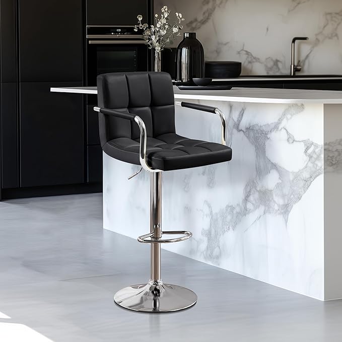 Yaheetech Bar Stools, PU Leather Adjustable Swivel Barstools, Hydraulic Kitchen Counter Height Bar Chairs with Armrest and Back for Kitchen, Dining Room, Black