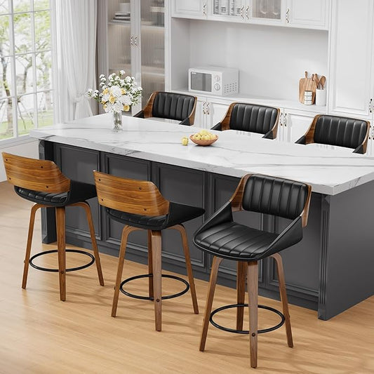 Bar Stools Set of 6, 26" Swivel Counter Height Barstools with Walnut Bentwood Back and Legs, Mid-Century Modern Faux Leather Upholstered Bar Chairs with footrest for Bar, Kitchen Island, café, Black