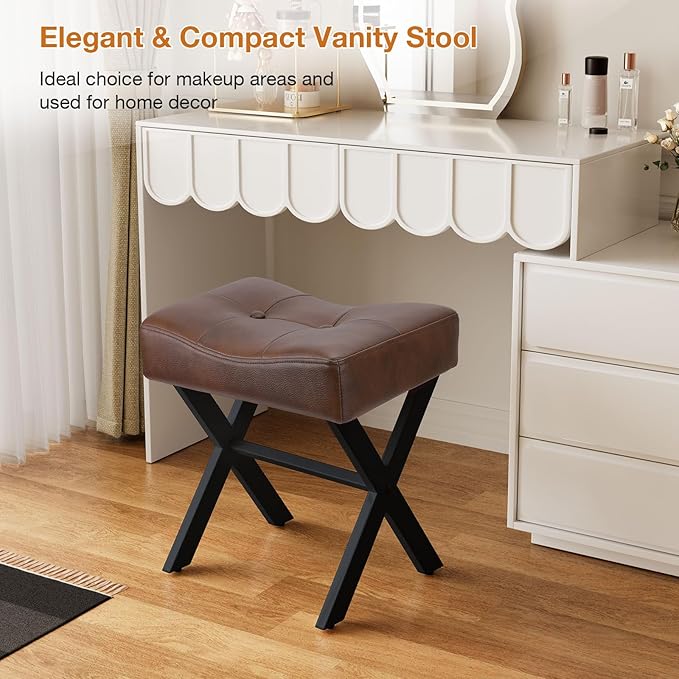 18-Inch Leather Vanity Stool Chair, Vanity Bench with Metal X-Leg, Ottoman Accent Stool with Thick Padded Saddle Seat, Dark Brown