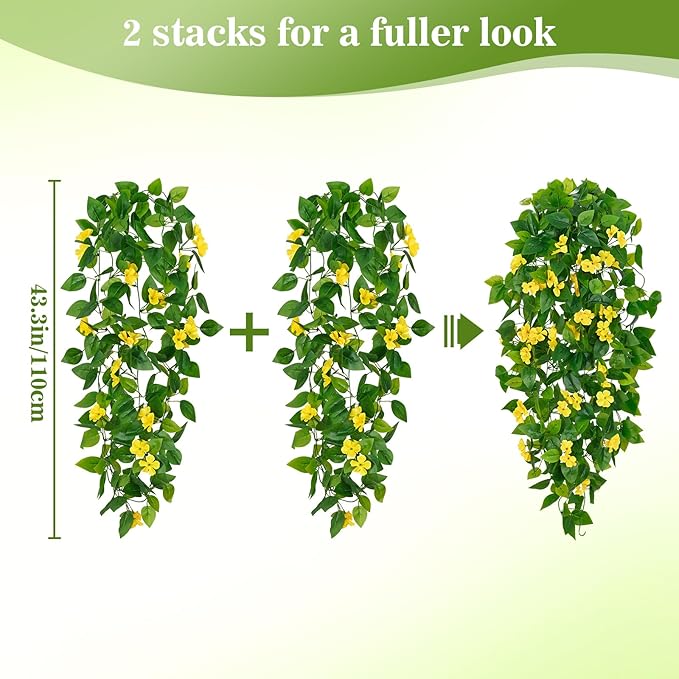 BLEUM CADE Artificial Hanging Flowers for Outdoors, 4pcs Fake Hanging Plants Pothos Vines with Yellow Flowers for Wall Home Living Room Indoor Outdoor Decor (No Baskets)