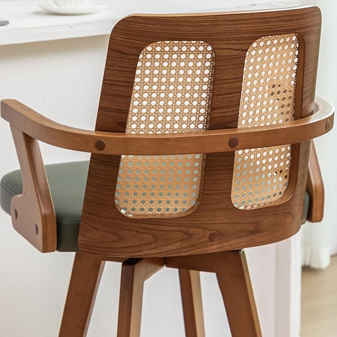 Set of 1 Bar Stool - 27 inch Swivel Rattan bar Stool with Cane Back, Curved Arms, Upholstered Seat, Adjustable Bamboo Legs, Kitchen Bar Chairs for Counter/Kitchen/Island (Walnut Green)