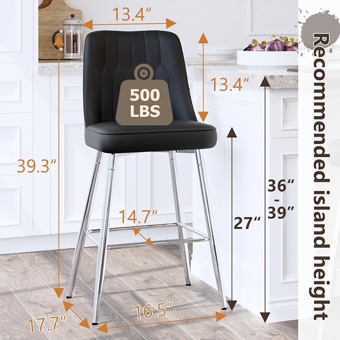 Bar Stools Set of 4,Counter Height Bar Stools with Back,Modern Faux Leather Kitchen Stools,27"Black Barstools with Stable Metal Leg,Armless Counter Height Chair for Kitchen Island,Coffee Corner