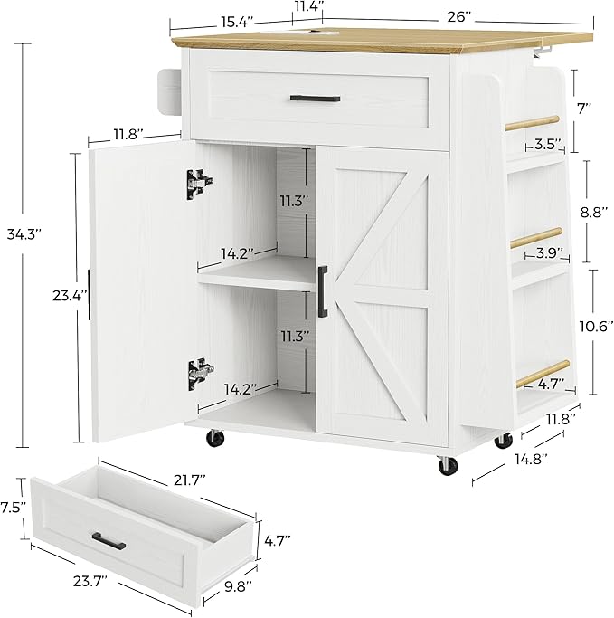 IRONCK Kitchen Island Table with Storage, Rolling Kitchen Cart with Power Outlet, Storage Cabinets on Wheels with Drop Leaf, Portable for Dining Room, White