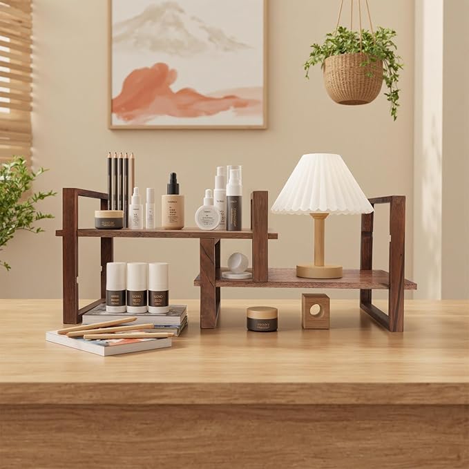 Adjustable Desktop Bookshelf, Bookshelf No Assembly Required, DIY Multi-Combination Shelves Organizer for Home Office Supplies, and Dresser, True Natural Walnut Wood, Brown