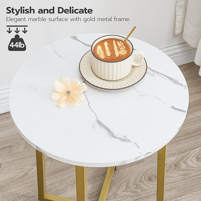 HOOBRO Side Table, Round Accent End Table with Sturdy Metal Pedestal, 15.7" Round Nightstand, for Living Room, Bedroom, Balcony, Office, Marble and Gold DM95BZ01