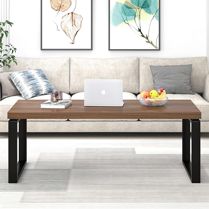 EXCEFUR Modern Coffee Table, Industrial Center Table for Living Room, Wood and Metal Rectangle Cocktail Tea Table for Home Office, Easy Assembly, Walnut, 47 Inch