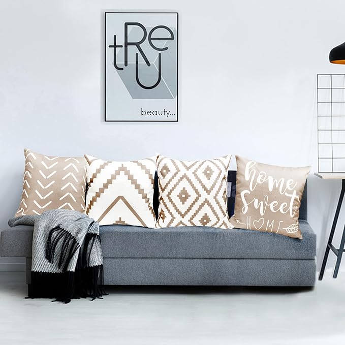 Decorative Throw Pillow Covers 18x18 inch Light khaki Pillow Covers for Couch Sofa Living Room Bedroom,Farmhouse Outdoor Throw Pillow Cover,Modern Geometric Linen Square Throw Pillow Case Set of 4
