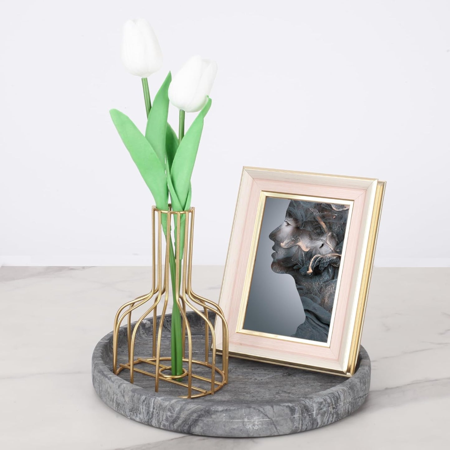 WORHE Natural Marble Vanity Tray for Bathroom Bedroom Kitchen Dresser, Round Decorative Trays for Jewelry, Perfume, Cosmetic, Candle, Countertop Storage Organizer for Home Decor Gray Black (WH017)