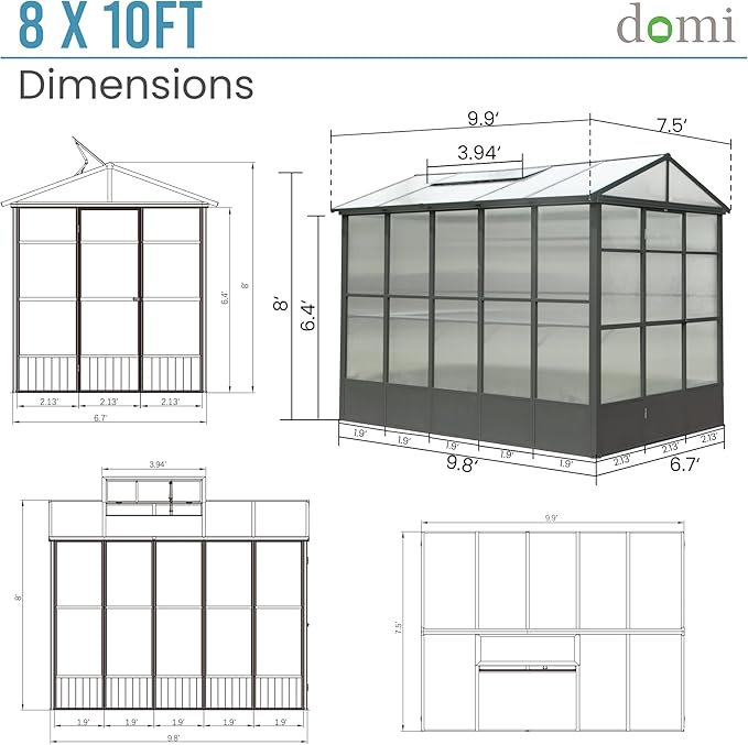 Domi 8x10FT Polycarbonate Greenhouse with Automatic Vent, Extra Tall 8FT Walk-in Aluminum Frame, Weather-Resistant Green House with Shelves & Hooks for Outdoor Garden, Backyard, Dark Grey
