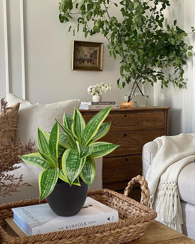 DILATATA Fake Snake Plant 11 Inch Small Potted Good Luck Plant Artificial Snake Plants Faux Mother in Law Tongue Sansevieria Plant - 20 Leaves Fake Laurentii for Indoor Outdoor Home Office Decor