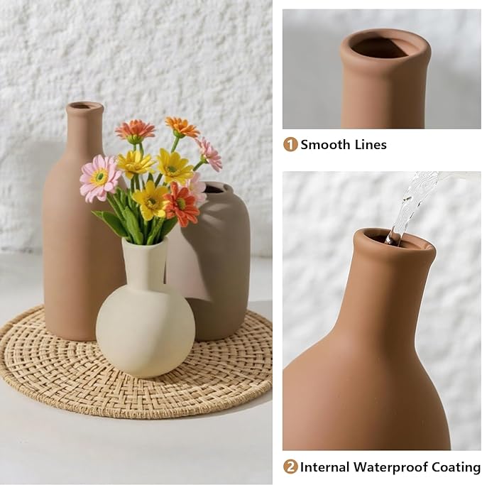 Ceramic Vase Set of 3, Vases Home Decor, Neutral Rustic Modern Farmhouse Decor, Pottery Vases for Pampas Grass Dried Fresh Flowers, Living Room Kitchen Bedroom Bathroom Entryway Mantel Shelf (Brown)