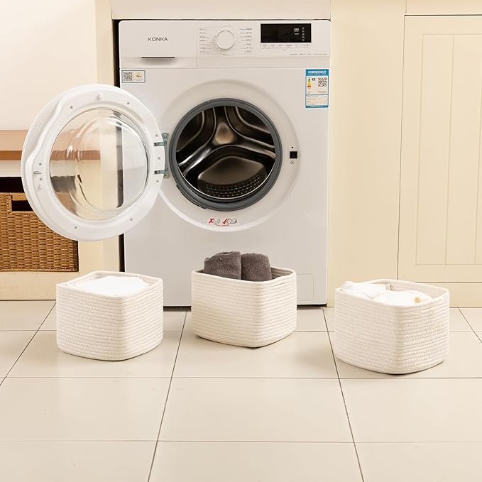 OIAHOMY 9”x9”x7” Storage Cubes, Cotton Rope Woven Baskets for Organizing, Cube Storage Bin, Small Gift Basket for Shelf, 3-Pack, White